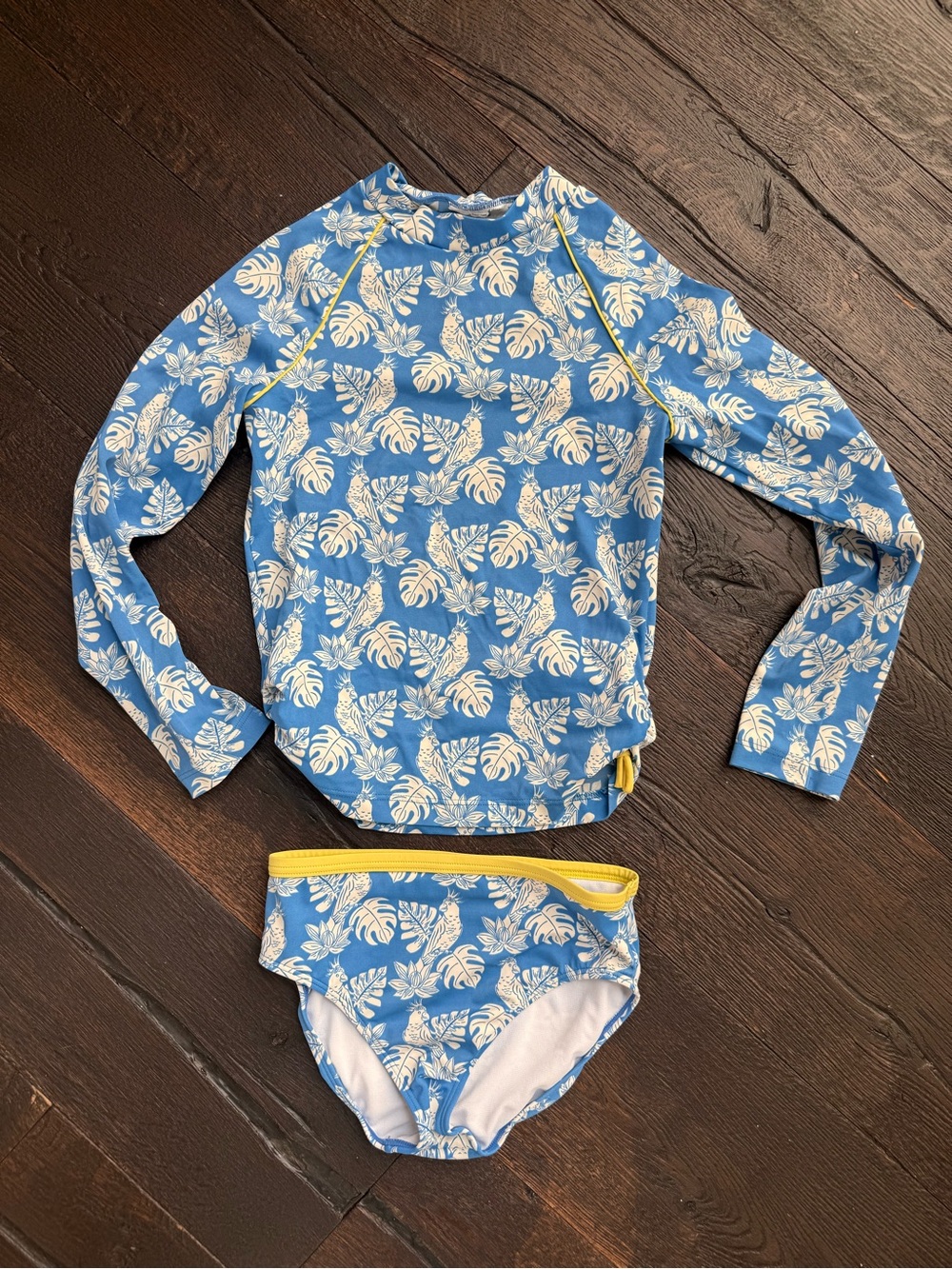 Mini Boden Blue Floral Rashguard Set with Yellow Trim